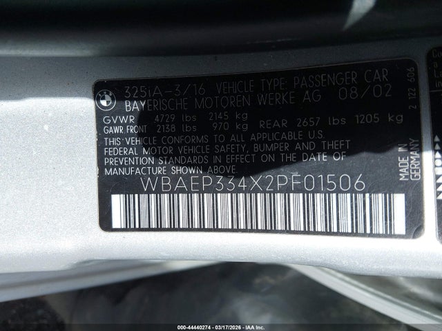 Продаж на аукціоні авто 2002 Bmw 325xit, vin: WBAEP334X2PF01506, номер лоту: 44440274