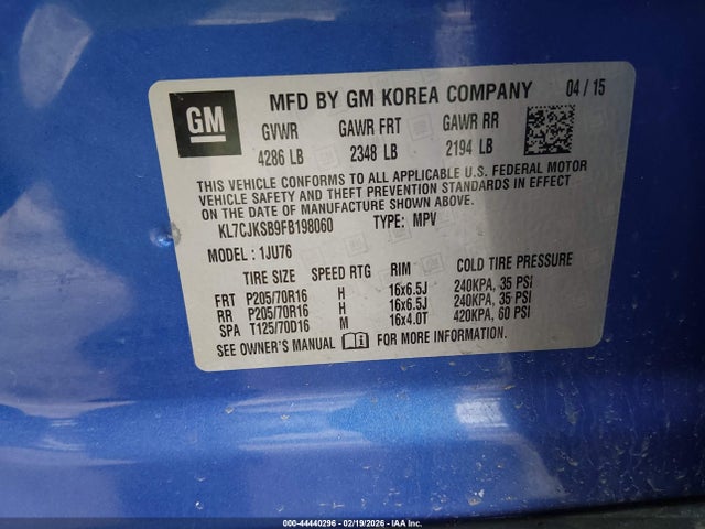 44440296 :رقم المزاد ، KL7CJKSB9FB198060 vin ، 2015 Chevrolet Trax 1ls مزاد بيع