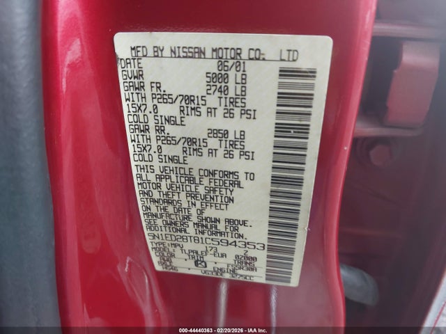 44440363 :رقم المزاد ، 5N1ED28T81C594353 vin ، 2001 Nissan Xterra Xe-v6 مزاد بيع