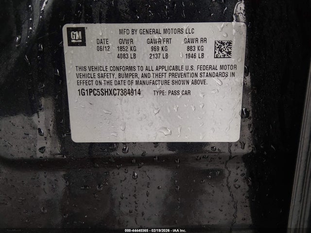 Aukcja sprzedaży 2012 Chevrolet Cruze Ls, vin: 1G1PC5SHXC7384914, numer aukcji: 44440365