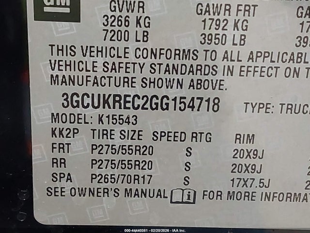 3GCUKREC2GG154718 Chevrolet Silverado 1500 1lt