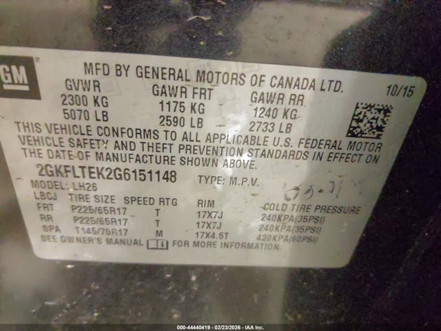 Aukcja sprzedaży 2016 Gmc Terrain Sle-2, vin: 2GKFLTEK2G6151148, numer aukcji: 44440419