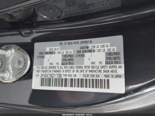 2016 Mazda Mx-5 Miata Club მანქანა იყიდება აუქციონზე, vin: JM1NDAC78G0117098, აუქციონის ნომერი: 44440479