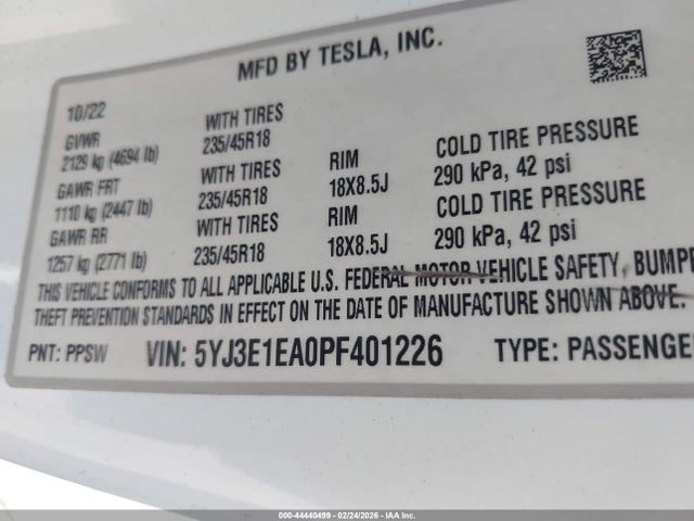 2023 Tesla Model 3 Rear-wheel Drive მანქანა იყიდება აუქციონზე, vin: 5YJ3E1EA0PF401226, აუქციონის ნომერი: 44440499