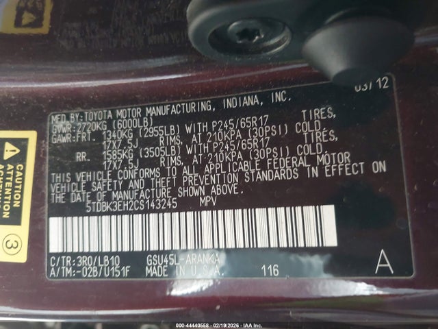 Aukcja sprzedaży 2012 Toyota Highlander Se V6, vin: 5TDBK3EH2CS143245, numer aukcji: 44440558