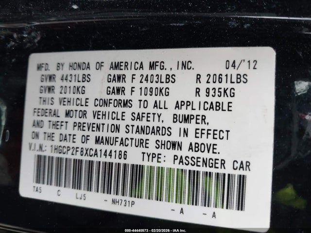 Продажа на аукционе авто 2012 Honda Accord 2.4 Ex-l, vin: 1HGCP2F8XCA144186, номер лота: 44440573