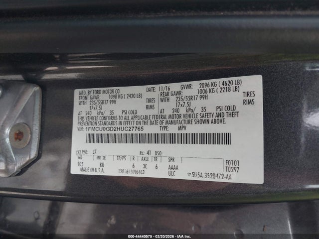44440575 :رقم المزاد ، 1FMCU0GD2HUC27765 vin ، 2017 Ford Escape Se مزاد بيع