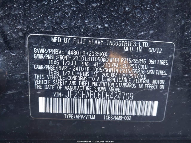 44440598 :رقم المزاد ، JF2SHABC6DH424709 vin ، 2013 Subaru Forester 2.5x مزاد بيع