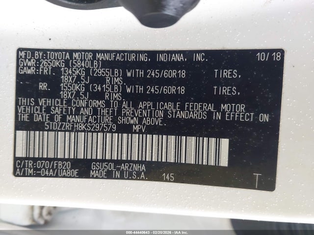 5TDZZRFH8KS297579 Toyota Highlander Le