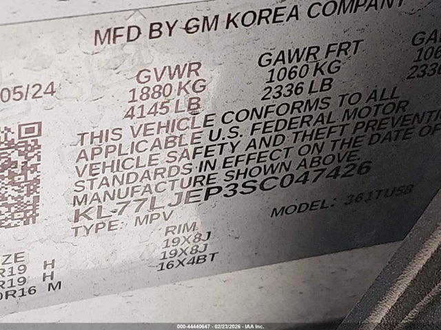 KL77LJEP3SC047426 Chevrolet Trax Fwd 2rs