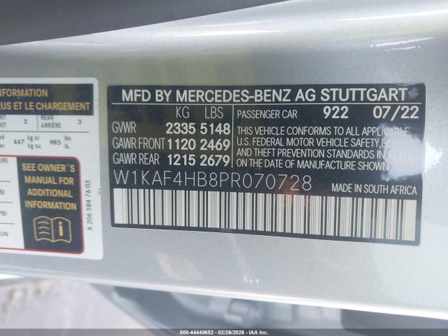 2023 Mercedes-benz C 300 4matic მანქანა იყიდება აუქციონზე, vin: W1KAF4HB8PR070728, აუქციონის ნომერი: 44440652