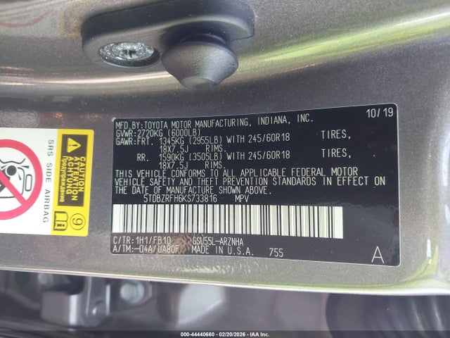 Aukcja sprzedaży 2019 Toyota Highlander Le, vin: 5TDBZRFH6KS733816, numer aukcji: 44440660
