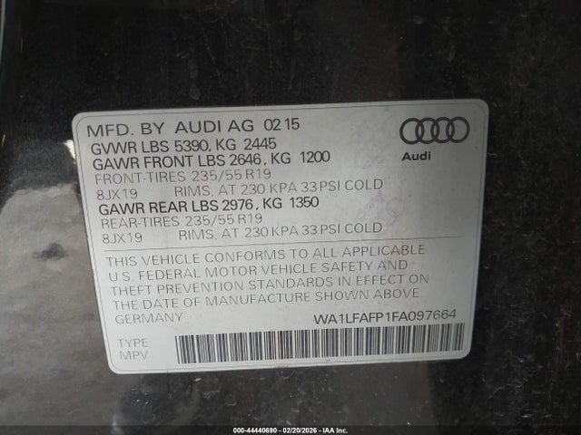 2015 Audi Q5 2.0t Premium მანქანა იყიდება აუქციონზე, vin: WA1LFAFP1FA097664, აუქციონის ნომერი: 44440690