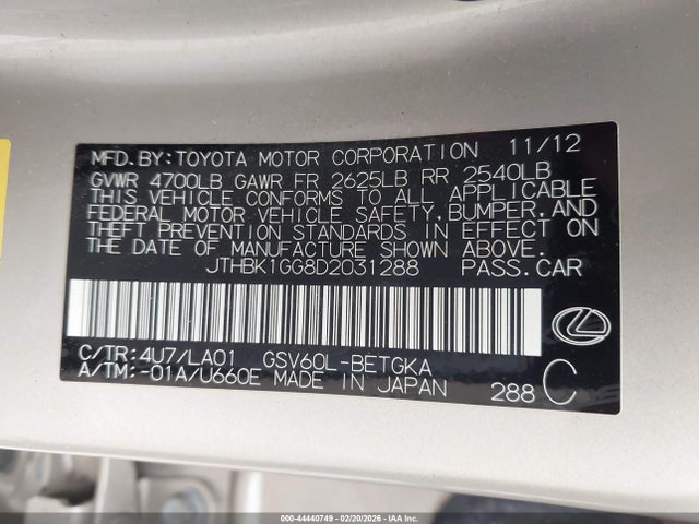 44440749 :رقم المزاد ، JTHBK1GG8D2031288 vin ، 2013 Lexus Es 350 مزاد بيع