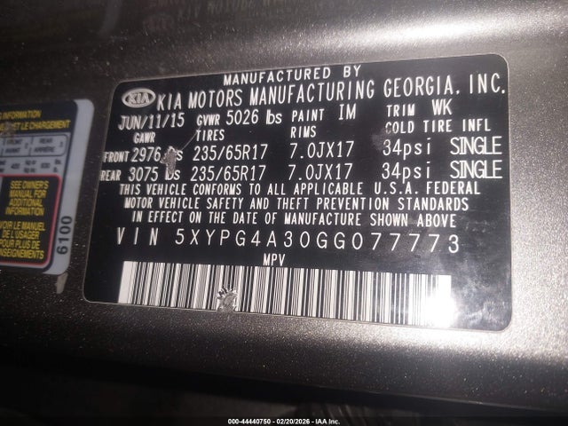 44440750 :رقم المزاد ، 5XYPG4A30GG077773 vin ، 2016 Kia Sorento 2.4l Lx مزاد بيع