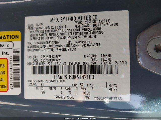 Продаж на аукціоні авто 2024 Ford Mustang Ecoboost Fastback, vin: 1FA6P8TH0R5142103, номер лоту: 44440833