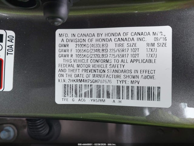 44440851 :رقم المزاد ، 2HKRM4H75GH707676 vin ، 2016 Honda Cr-v Ex-l مزاد بيع
