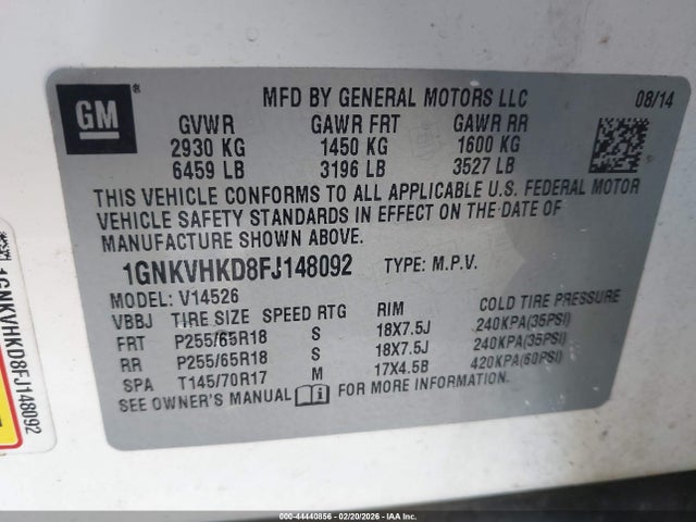 Chevrolet Traverse 2lt 2015 1GNKVHKD8FJ148092 Image 9