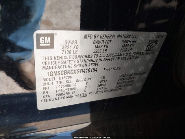 44440865 :رقم المزاد ، 1GNSCBKCXGR416184 vin ، 2016 Chevrolet Tahoe Lt مزاد بيع