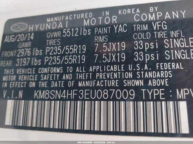 KM8SN4HF3EU087009 Hyundai Santa Fe Gls