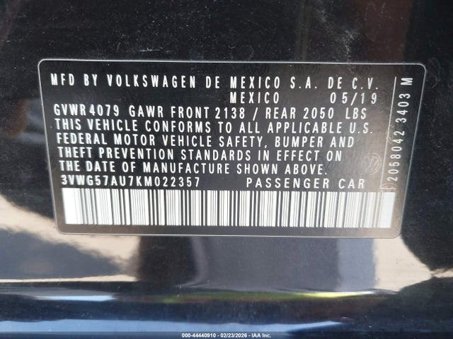 2019 Volkswagen Golf 1.4t S/1.4t Se მანქანა იყიდება აუქციონზე, vin: 3VWG57AU7KM022357, აუქციონის ნომერი: 44440910