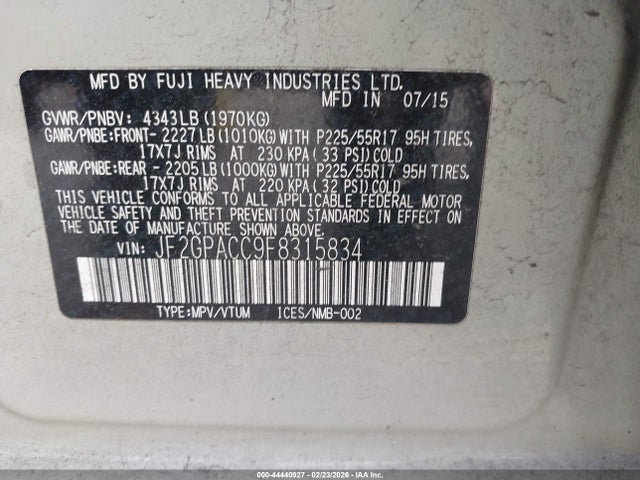 JF2GPACC9F8315834 Subaru Xv Crosstrek 2.0i Premium