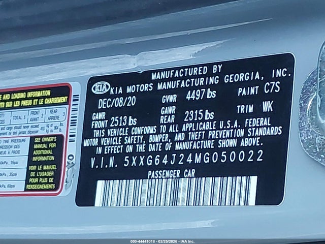 Auction sale of the 2021 Kia K5 Gt-line, vin: 5XXG64J24MG050022, lot number: 44441018