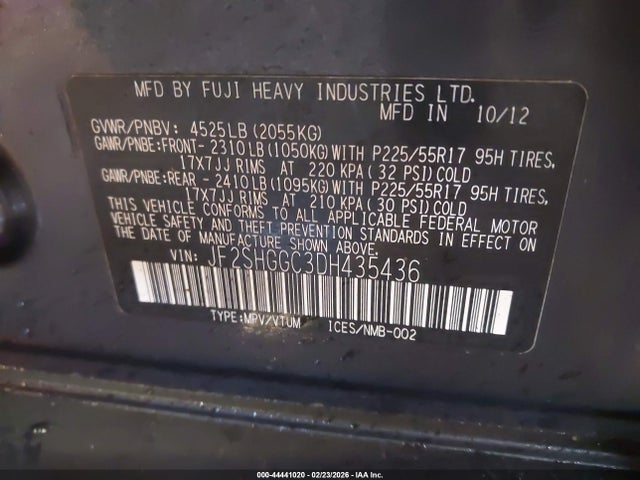 44441020 :رقم المزاد ، JF2SHGGC3DH435436 vin ، 2013 Subaru Forester 2.5xt Touring مزاد بيع