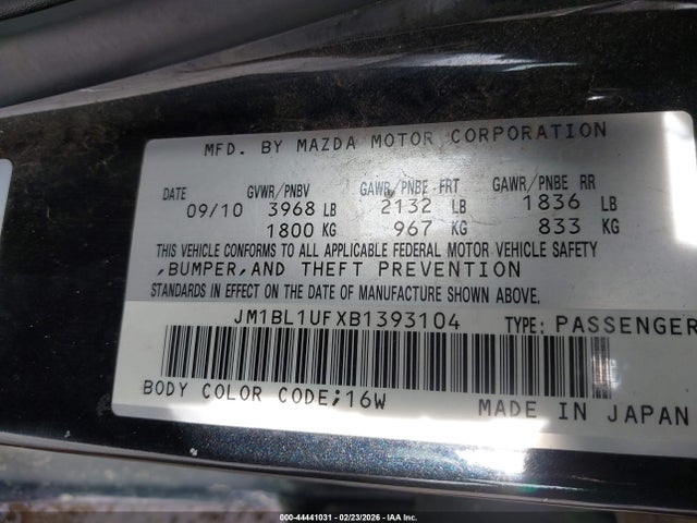 2011 Mazda Mazda3 I Sport მანქანა იყიდება აუქციონზე, vin: JM1BL1UFXB1393104, აუქციონის ნომერი: 44441031