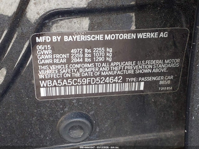 2015 Bmw 528i მანქანა იყიდება აუქციონზე, vin: WBA5A5C59FD524642, აუქციონის ნომერი: 44441047