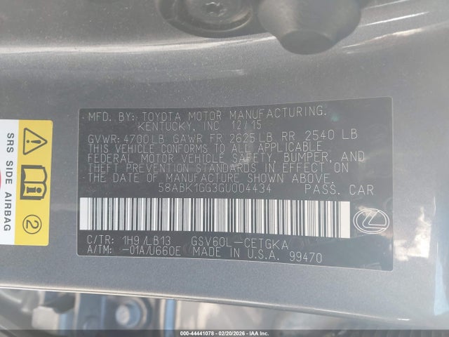 2016 Lexus Es 350 მანქანა იყიდება აუქციონზე, vin: 58ABK1GG3GU004434, აუქციონის ნომერი: 44441078