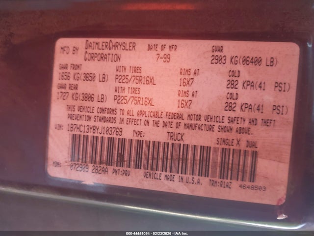 Продажа на аукционе авто 2000 Dodge Ram 1500 St, vin: 1B7HC13Y8YJ103769, номер лота: 44441094
