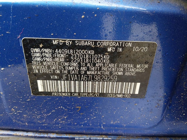 Продаж на аукціоні авто 2020 Subaru Wrx, vin: JF1VA1A67L9829259, номер лоту: 44441248