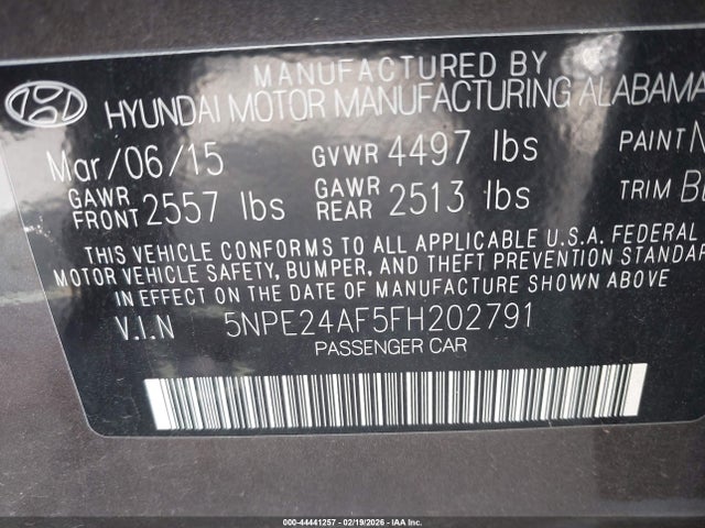 5NPE24AF5FH202791 Hyundai SONATA SE