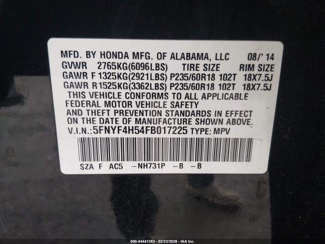 5FNYF4H54FB017225 Honda Pilot Ex-l