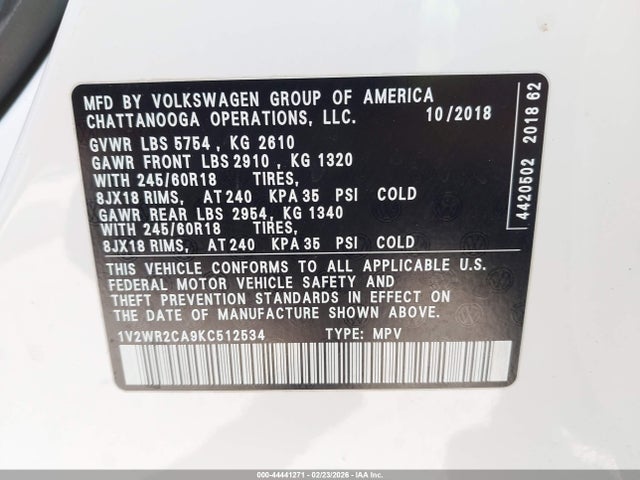 Продаж на аукціоні авто 2019 Volkswagen Atlas 3.6l V6 Se W/technology, vin: 1V2WR2CA9KC512534, номер лоту: 44441271