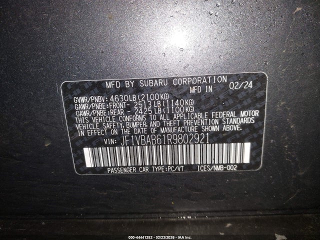 44441282 :رقم المزاد ، JF1VBAB61R9802921 vin ، 2024 Subaru Wrx مزاد بيع
