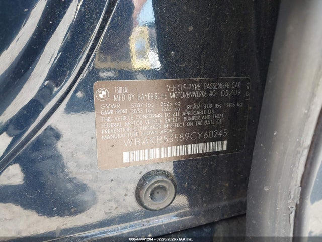 Aukcja sprzedaży 2009 Bmw 750li, vin: WBAKB83589CY60245, numer aukcji: 44441284