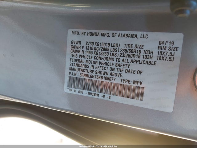 5FNRL6H75KB106077 Honda Odyssey Ex-l