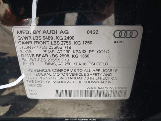 Продаж на аукціоні авто 2022 Audi Q5 Premium Plus 45 Tfsi S Line Quattro S Tronic, vin: WA1EAAFY0N2102426, номер лоту: 44441307