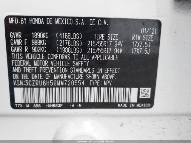 3CZRU6H59MM720554 Honda Hr-v Awd Ex