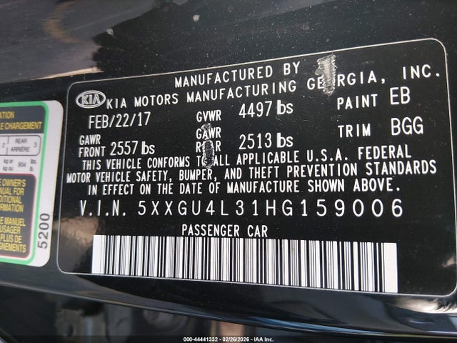 2017 Kia Optima Ex მანქანა იყიდება აუქციონზე, vin: 5XXGU4L31HG159006, აუქციონის ნომერი: 44441332