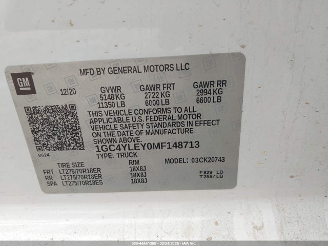 1GC4YLEY0MF148713 Chevrolet Silverado 2500hd 4wd Standard Bed Wt