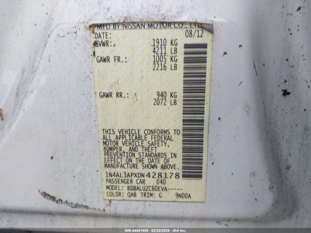 Продажа на аукционе авто 2013 Nissan Altima 2.5 Sv, vin: 1N4AL3APXDN428178, номер лота: 44441400