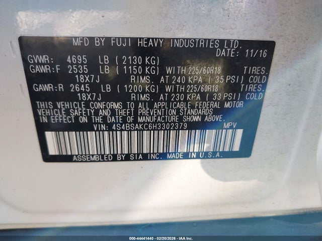 2017 Subaru Outback 2.5i Limited მანქანა იყიდება აუქციონზე, vin: 4S4BSAKC6H3302379, აუქციონის ნომერი: 44441440