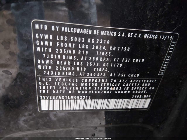 44441548 :رقم المزاد ، 3VV2B7AX1LM082315 vin ، 2020 Volkswagen Tiguan مزاد بيع