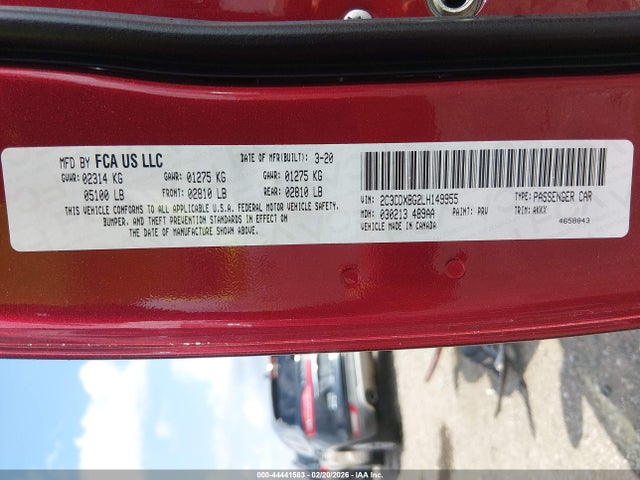2020 Dodge Charger Sxt Rwd მანქანა იყიდება აუქციონზე, vin: 2C3CDXBG2LH149955, აუქციონის ნომერი: 44441583