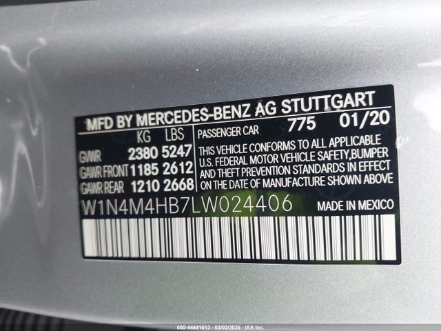 44441613 :رقم المزاد ، W1N4M4HB7LW024406 vin ، 2020 Mercedes-benz Glb 250 4matic مزاد بيع