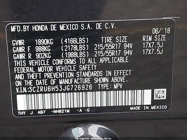 3CZRU6H53JG726926 Honda HR-V EX