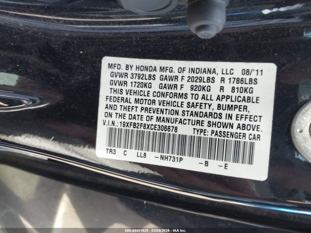 Auction sale of the 2012 Honda Civic Ex, vin: 19XFB2F8XCE306678, lot number: 44441629